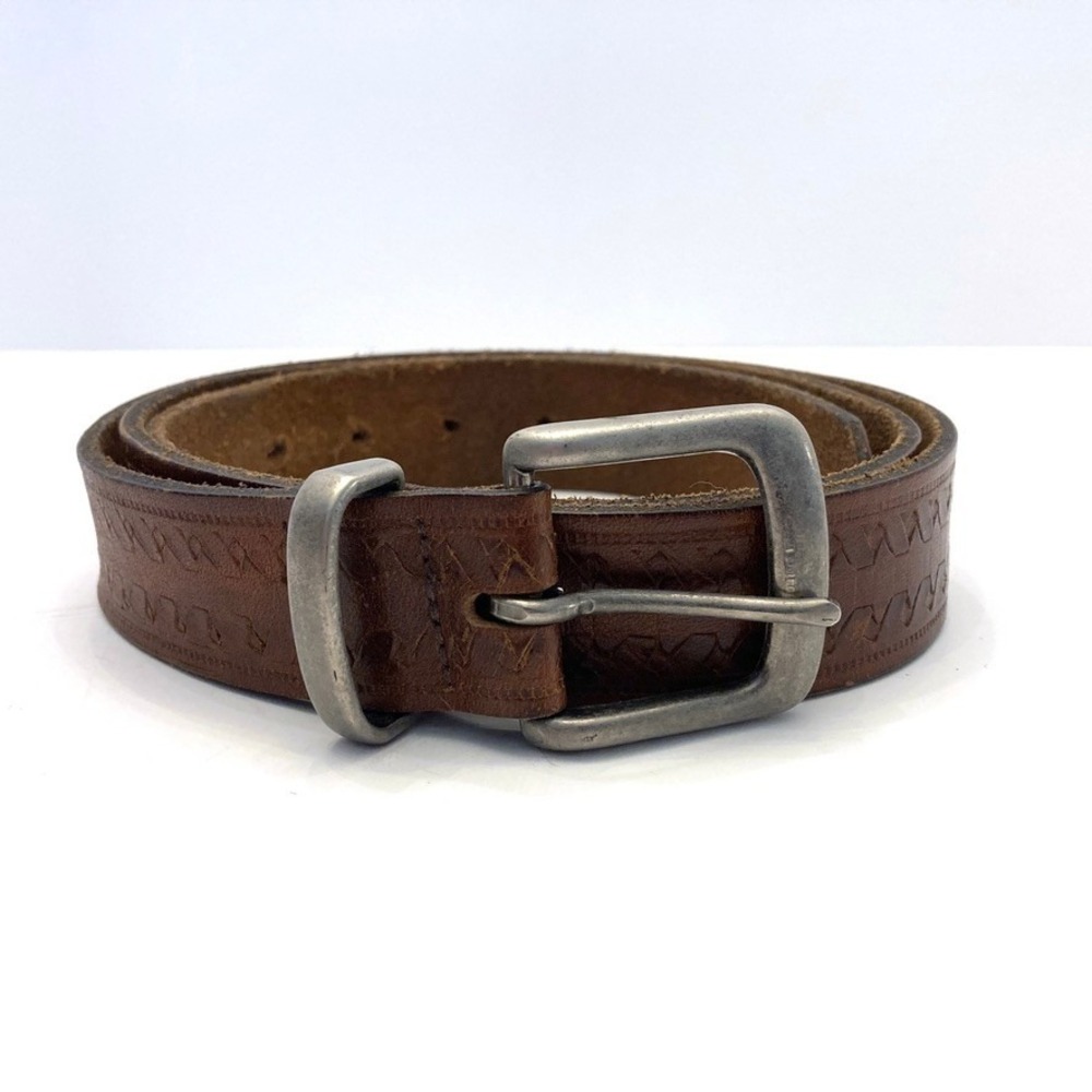 Full Grain Cowhide Leather Brown Belt Mens 38 Western Silver Brass Buckle USA